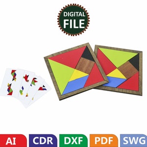24 Tangram Karten, Tangram Spielzeug svg, Tangram Holzspielzeug Laserschnittplan / Holzbrett Puzzle SVG-Datei / Glowforge Jigsaw Datei
