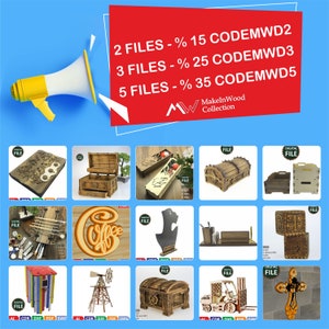 May include: A collage of 12 digital files for laser cutting wood projects. The files include designs for a wooden box, a coffee sign, a wind turbine, a cross, and more. The image also includes text that says "2 FILES - % 15 CODEMWD2", "3 FILES - % 25 CODEMWD3", and "5 FILES - % 35 CODEMWD5".
