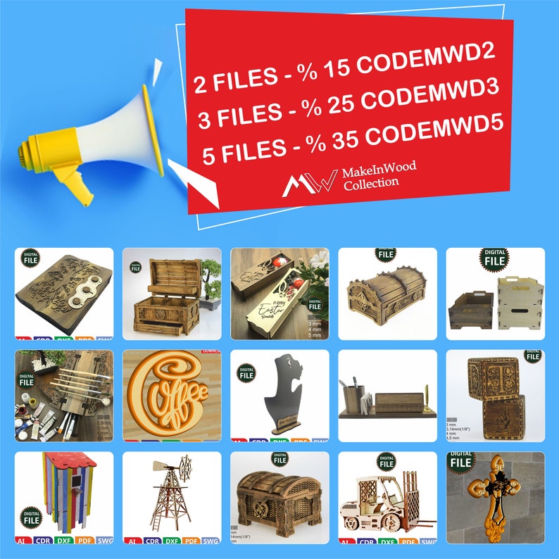 May include: A collage of 12 digital files for laser cutting wood projects. The files include designs for a wooden box, a coffee sign, a wind turbine, a cross, and more. The image also includes text that says "2 FILES - % 15 CODEMWD2", "3 FILES - % 25 CODEMWD3", and "5 FILES - % 35 CODEMWD5".