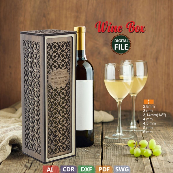 Caja de vino svg, caja de vino DIY, caja de vino de madera dxf, 2,8 mm, 3 mm, 3,14 mm, 4 mm, 4,5 mm, 5 mm, láser de 6 mm, archivo de corte cnc de caja de vino de regalo, archivo cortado,
