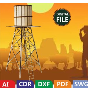 3d Puzzle, Model, Wild West West Water Tower Model Kit, For Adults and Kids, 3dpuzzle svg, laser cut file