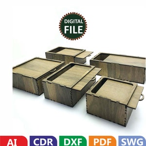 Dozen met schuifdeksel, 5 verschillende maten, voor 1/8" of 3,1 mm en 4 mm dik hout Svg, Pdf, Ai, Dxf/Cdr Lasergesneden bestand / Glowforge - direct downloaden