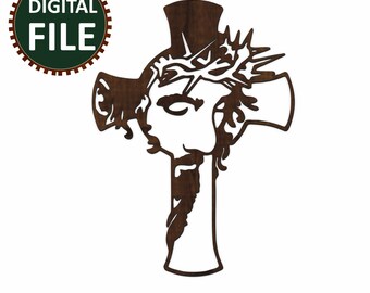 May include: A digital file for a wood-burning or laser cutting project. The design is a cross with a detailed image of Jesus' face and crown of thorns.