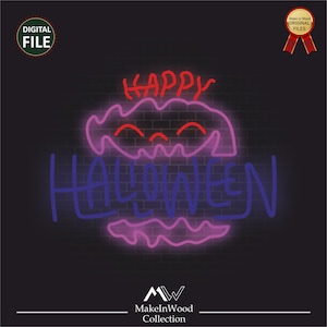May include: A neon sign displaying "HAPPY HALLOWEEN" in red and blue, with a smiling pumpkin face design. The sign is set against a dark brick wall. The words "DIGITAL FILE" and "ORIGINAL FILES" are also visible.