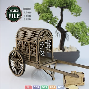 May include: A wooden model of a cart with a decorative, woven top. The cart has a single wheel and a long handle. The model is made of wood and has a natural finish. The cart is sitting on a table next to a small potted bonsai tree. The image also includes the text "DIGITAL FILE" and "2,8mm 3 mm 4 mm".