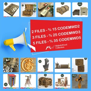 Op de afbeelding: Een verzameling digitale bestanden voor het lasersnijden van houtprojecten. De afbeelding toont verschillende ontwerpen, waaronder een koffiekop, een kist, een windmolen, een kruis en een vorkheftruck. De tekst op de afbeelding luidt "2 BESTANDEN - % 15 CODEMWD2", "3 BESTANDEN - % 25 CODEMWD3", "5 BESTANDEN - % 35 CODEMWD5", "MakeInWood Collection".