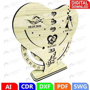 Calendario perpetuo SVG, corte láser para San Valentín, archivos de corte láser, archivos Glowforge, corazón de San Valentín, calendario para enamorados
