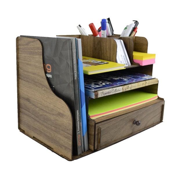 Wood, Multi compartment, Desk Organizer with Drawer, digital download, Organizer svg,dxf,cdr, DIY, for 3mm/3.14mm /4mm / 4.5mm /5mm material