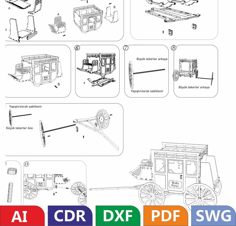 May include: A black and white line drawing assembly instructions for a wooden model of a Wells Fargo stagecoach. The instructions show how to assemble the stagecoach, including the wheels, axles, and body. The final image shows the completed stagecoach.