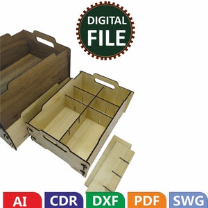 Op de afbeelding: Een digitaal bestand voor een houten doos met verdelers. De doos is gemaakt van licht hout en heeft een donkerhouten bovenkant. De doos is verdeeld in vier secties. Het bestand is beschikbaar in de formaten AI, CDR, DXF, PDF en SVG. DIGITAAL BESTAND