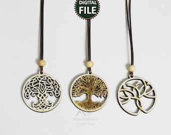3 diversi modelli Ciondolo Albero della vita in legno, file tagliato al laser, download digitale. Collana di gioielli fai da te, SVG, DXF, Cdr, Pdf, Design di gioielli