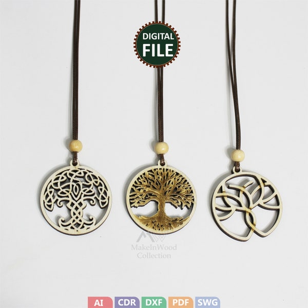 3 different patterns Wooden Tree of Life pendant, Laser cut file, digital download. DIY jewelry necklace, SVG, DXF, Cdr, Pdf, Jewelry Design