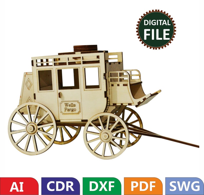May include: A wooden model kit of a Wells Fargo stagecoach. The model is unassembled and comes with instructions. The stagecoach is a classic symbol of the American West.
