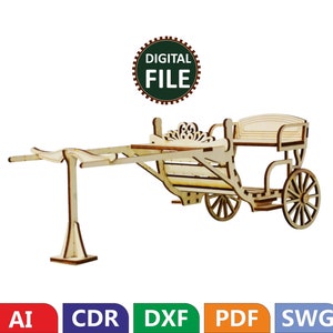 May include: A wooden model kit of a horse-drawn carriage. The kit includes all the pieces needed to build the carriage, including the wheels, axles, and body. The carriage is made of natural wood and has a light brown finish. The kit is labelled "DIGITAL FILE" in a green circle with a gear design.