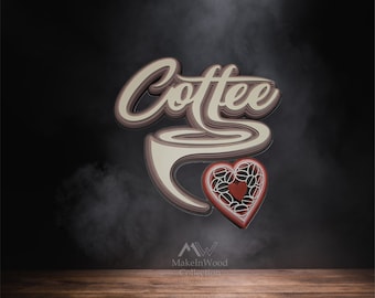 May include: Layered papercraft design of the word "Coffee" with a stylised coffee cup and heart with coffee beans. The design is in shades of brown, beige, and red. The text "MakeInWood Collection" is at the bottom of the image.