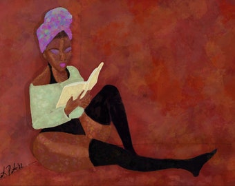 Fine Art Print of watercolor painting, Black girl poster print, Colorful watercolor Art Print, Woman reading book, Cute girl wall decor