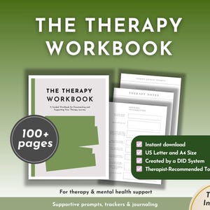 May include: The Therapy Workbook, a guide for documenting and supporting your therapy journey. The cover displays the title and a green design. Includes over 100 pages. Available for instant download in US Letter and A4 sizes. For therapy and mental health support.