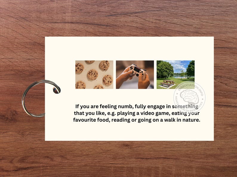 May include: A white card with a blue and white brain graphic and the text "Association Info" on the bottom right corner. The card has three images: a plate of cookies, a hand holding a video game controller, and a picnic table in a park.