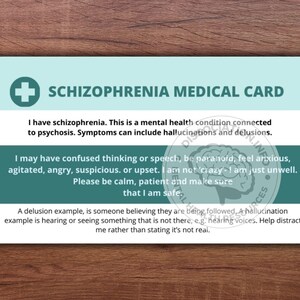 Op de afbeelding: Een medische kaart in teal en wit met een rood plusteken en de tekst "Schizophrenia Medical Card". De kaart geeft informatie over schizofrenie, inclusief de symptomen en hoe te communiceren met iemand die aan deze aandoening lijdt.