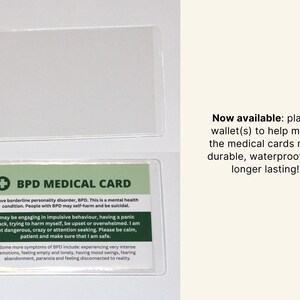 May include: A green and white medical card with the text "BPD Medical Card" and information about borderline personality disorder. The card is in a clear plastic wallet.