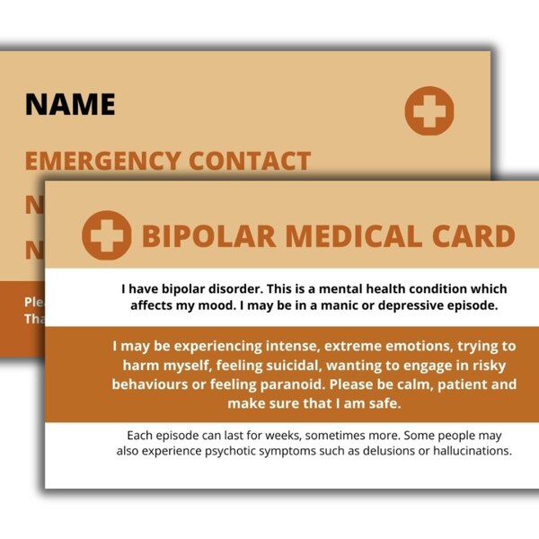 Bipolar Medical Card-Pack of two (Emergency, crisis)