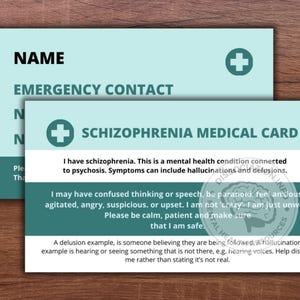 Tarjeta de Crisis de Esquizofrenia / Paquete de dos / Tarjeta Médica / Emergencia / Autoayuda / Enfermedad Mental / Terapia / Psicólogo / Terapeuta