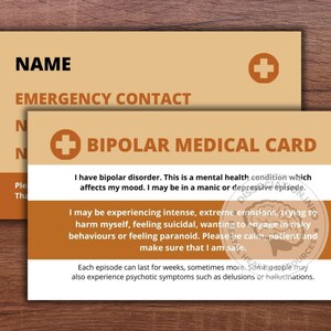 Tarjeta médica para trastorno bipolar / Paquete de dos / Tarjeta de crisis / Emergencia / Trastorno bipolar / Prevención del suicidio / Trastorno bipolar 1 / Trastorno bipolar 2 / Salud mental