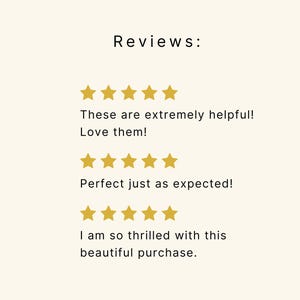 May include: Reviews for a product with five-star ratings. The reviews say "These are extremely helpful! Love them!" "Perfect just as expected!" and "I am so thrilled with this beautiful purchase."