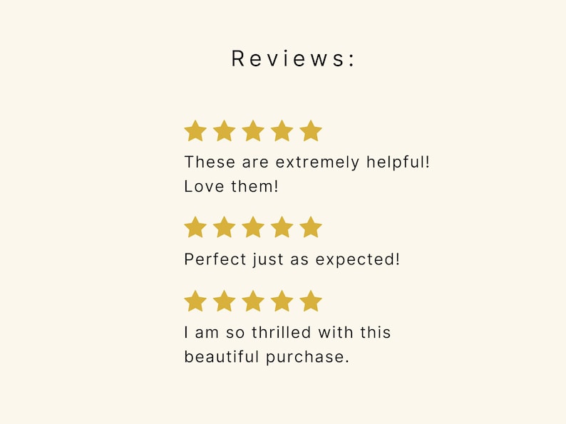 May include: Reviews for a product with five-star ratings. The reviews say "These are extremely helpful! Love them!" "Perfect just as expected!" and "I am so thrilled with this beautiful purchase."