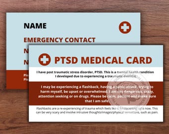 PTSD 医療カード：緊急連絡先、トラウマ回復（2 枚パック）