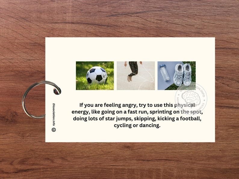 May include: A white card with a blue, green, and white image of a football, a person jumping rope, and a pair of trainers. The text on the card reads: "If you are feeling angry, try to use this physical energy, like going on a fast run, sprinting on the spot, doing lots of star jumps, skipping, kicking a football, cycling or dancing."