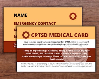 CPTSD 医療カード：緊急連絡先、フラッシュバックエイド（2 枚パック）
