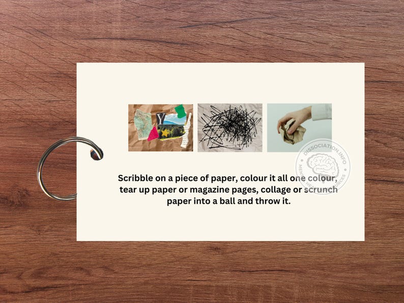 May include: A card with three images showing different ways to interact with paper: tearing, scribbling, and crumpling. The text on the card reads "Scribble on a piece of paper, colour it all one colour, tear up paper or magazine pages, collage or scrunch paper into a ball and throw it."