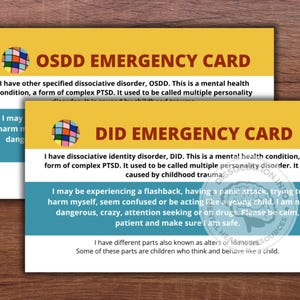 Tarjeta de crisis para TID y OSDD / Paquete de dos / Tarjeta médica / Emergencia / Depresión / Ansiedad / Prevención del suicidio / Salud mental / Enfermedad mental