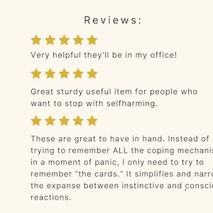 May include: Five-star reviews for a product that helps people cope with self-harm. The reviews highlight the product's usefulness in providing a simple and effective way to manage difficult emotions.
