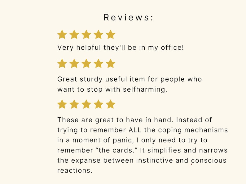 May include: Five-star reviews for a product that helps people cope with self-harm. The reviews highlight the product's usefulness in providing a simple and effective way to manage difficult emotions.