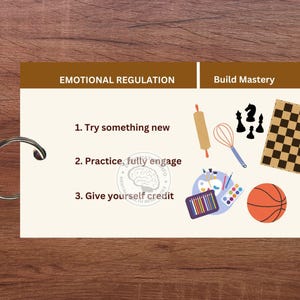 May include: A brown card with the text "Emotional Regulation" and "Build Mastery" on it. The card has three steps listed: "Try something new", "Practice, fully engage", and "Give yourself credit". The card also has illustrations of a rolling pin, whisk, paintbrushes, a chessboard, and a basketball.