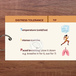 May include: Distress tolerance tips: temperature (cold/ice), intense exercise, paced breathing (slow it down, e.g. breathe in for 5, out for 7).