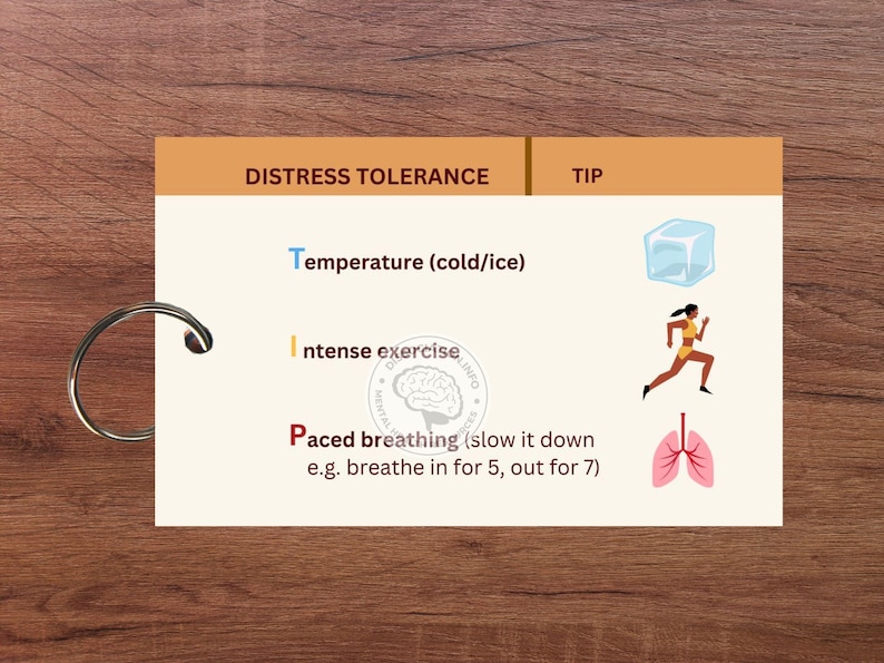 May include: Distress tolerance tips: temperature (cold/ice), intense exercise, paced breathing (slow it down, e.g. breathe in for 5, out for 7).