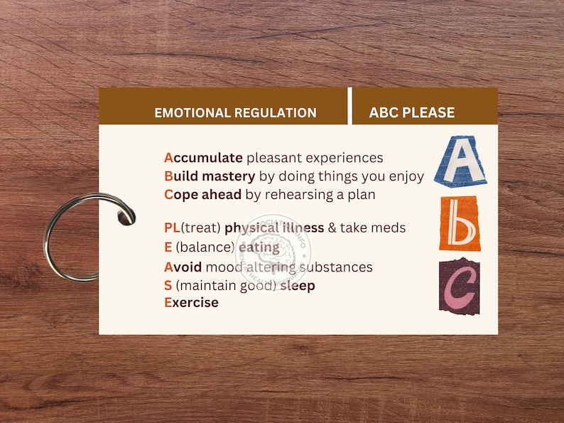 May include: A white card with brown and orange borders. The card has the text "Emotional Regulation" and "ABC Please" at the top. The card lists a series of steps for emotional regulation, each starting with a letter of the alphabet. The steps are: Accumulate, Build, Cope, PL(treat), E(balance), Avoid, S(maintain good), Exercise. The letters A, B, and C are also shown in colorful cut-out letters.