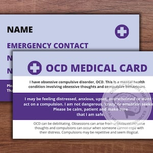 OCD 危機カード | 2 枚パック | 医療カード | 緊急 | うつ病 | 不安 | 自殺防止 | メンタルヘルス | 精神疾患