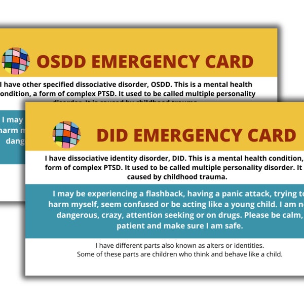 X2 DID/OSDD Medical Cards (Emergency, crisis)