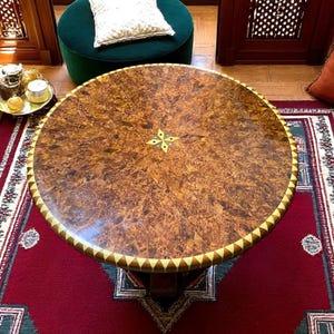 ROUND BURL WOODEN table,Gloss Finish,Handcrafted with Inlay Star Pattern,Boho Accent Table,Top Dining,Accent Table,Round Coffee, Side Table