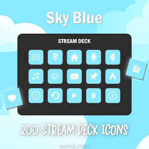 Icônes bleu ciel Stream Deck | Boutons Stream Deck | Icônes simples de plate-forme de flux | 200 boutons de fonction/icônes + icône de remplissage vide | Elgato