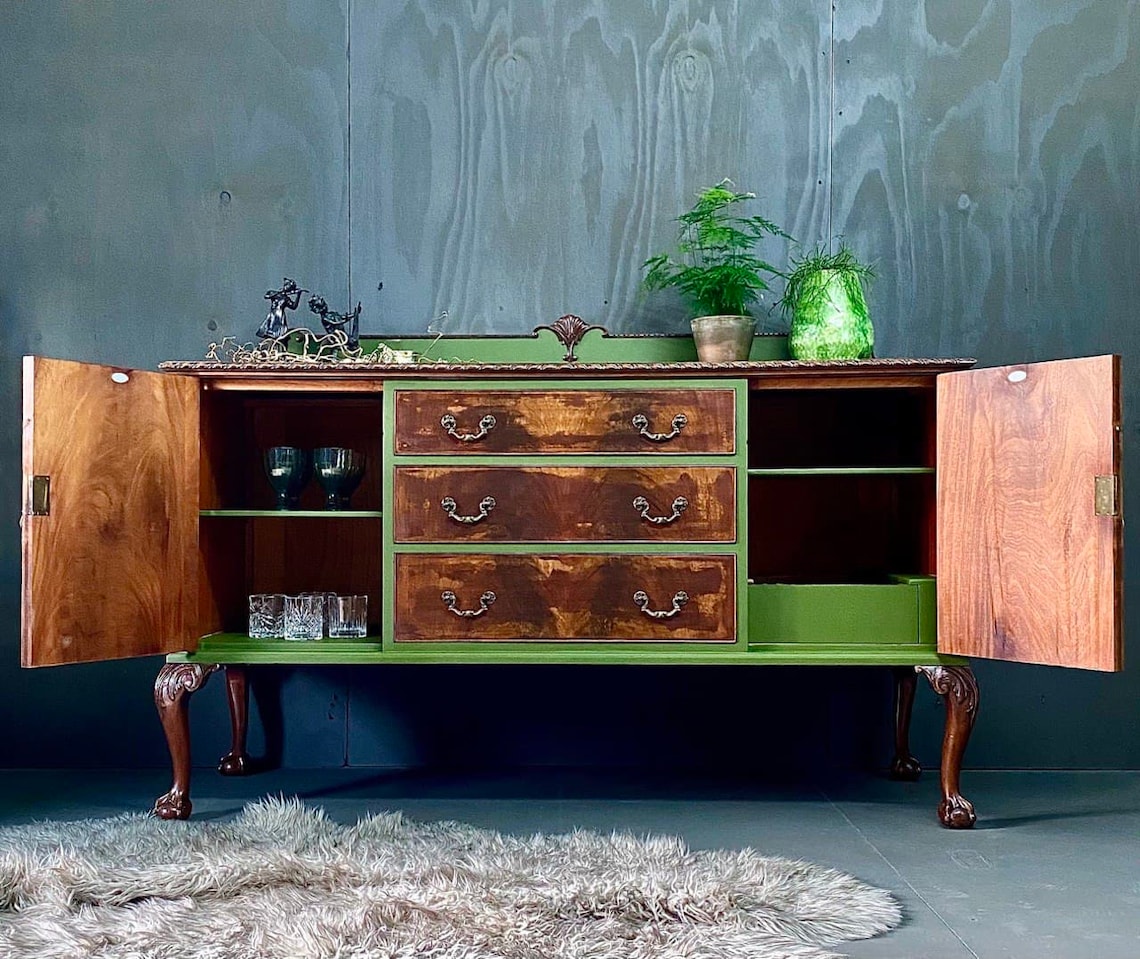 Wood Green Sideboard / Wooden Vintage Upcycled Sideboard Etsy