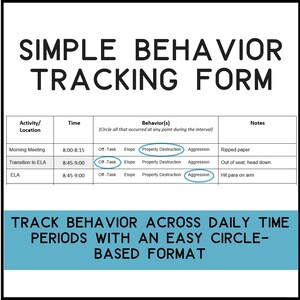 Enkelt formulär för beteendeuppföljning | Redigerbart beteendedatablad för lärare, assistenter och stödpersonal