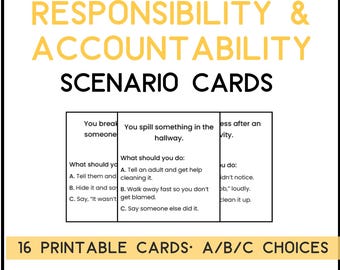 Tarjetas de escenarios de responsabilidad (16) / Escenarios de toma de decisiones y resolución de problemas / Habilidades sociales / PDF imprimible