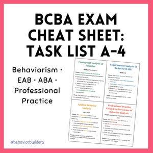 May include: A pink and white BCBA exam cheat sheet titled "BCBA EXAM CHEAT SHEET: TASK LIST A-4". It covers behaviorism, EAB, ABA, and professional practice, with sections on conceptual and experimental analysis of behaviour.