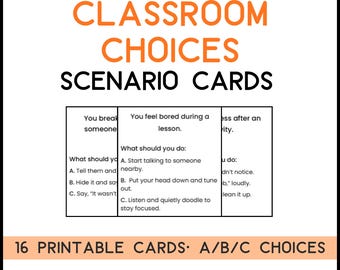 Tarjetas de escenarios para el aula (16) / Escenarios de habilidades sociales y resolución de problemas / Toma de decisiones / PDF imprimible