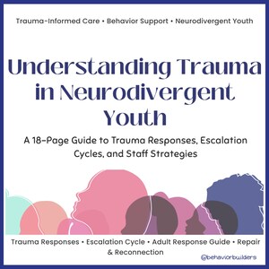 Op de afbeelding: Een vierkante afbeelding met een donkerblauwe rand toont de titel "Understanding Trauma in Neurodivergent Youth". Silhouetten in roze, paars en perzik begeleiden de tekst. De gids is 18 pagina's en behandelt traumareacties en personeelsstrategieën.